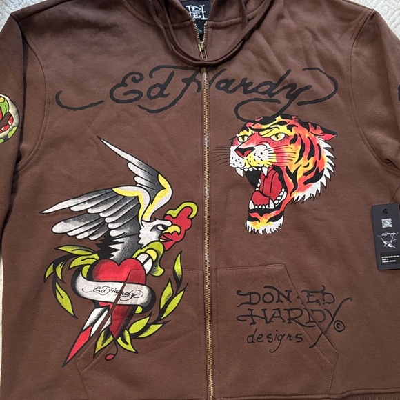 NWT Ed Hardy Brown Hoodie with Graphic Motifs Size L - Picture 3 of 10